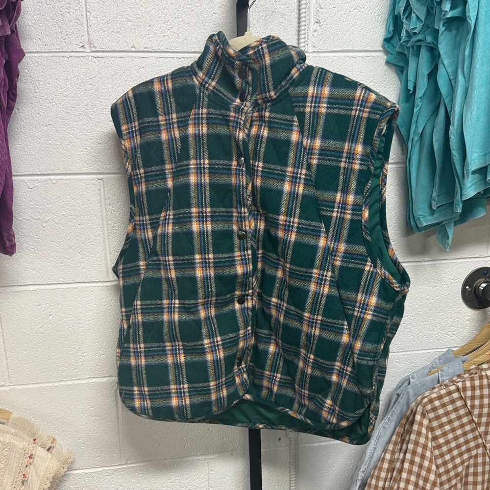 Plaid Green Puffer Vest - Women